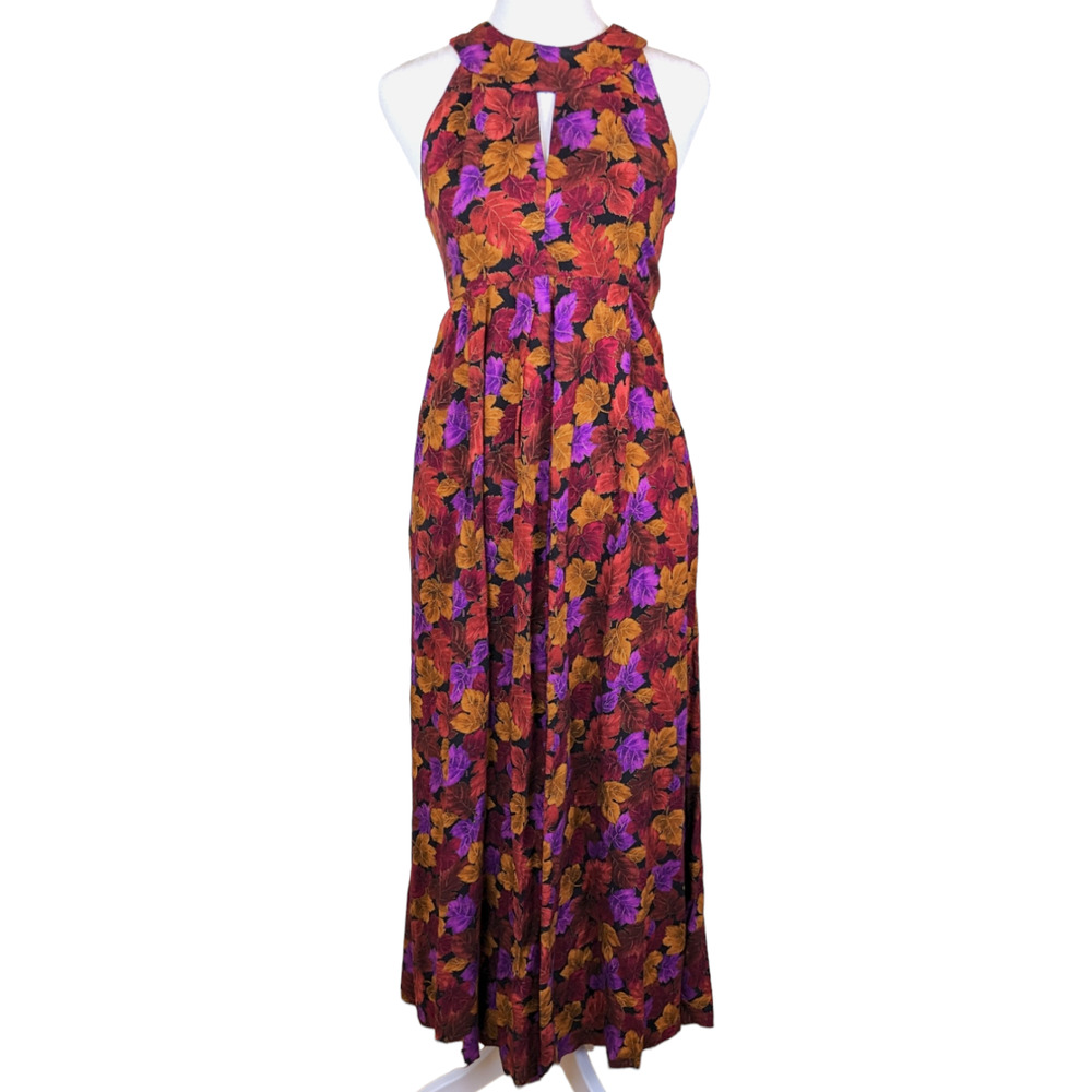 Vintage Handmade Fall Autumn Witch Orange Red Leaves Sleeveless Maxi Dress S